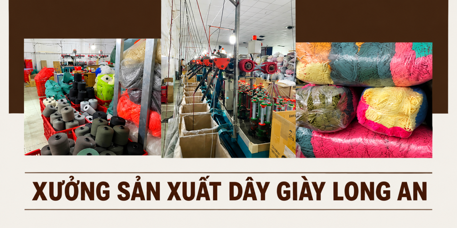Kho nguyên liệu sợi dệt với đa dạng màu sắc tại Xưởng sản xuất dây giày Long An.   